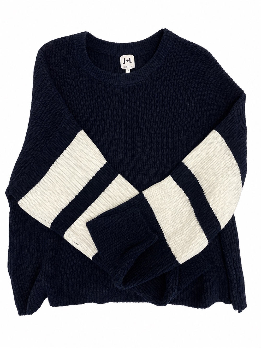 John + Jenn Navy Crewneck Sweater with White Sleeve Stripes L
